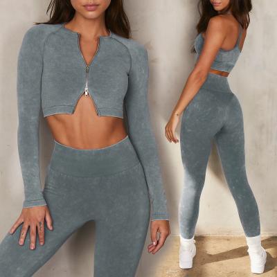 China Women Breathable Sports Apparel Wholesale Active Wear Zip Up Tight Fit Long Sleeve Crop Solid Color Upper Gaiters Sexy 2 Piece Yoga Set for sale