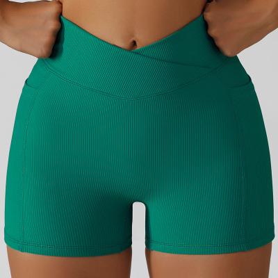 China Factory Wholesale Breathable Stretch Girl's Rib Fabric High Waist Gym Hot Pants Women Butt Lift Sports Shorts Yoga Shorts With Pockets for sale