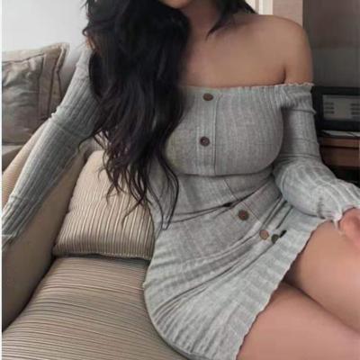 China Gray Slim Waist Sleeve Wrap Bodycon Sexy Latest Designs Women's Dresses Dry Cleaning Long Off Shoulder Dress Women Clothing for sale