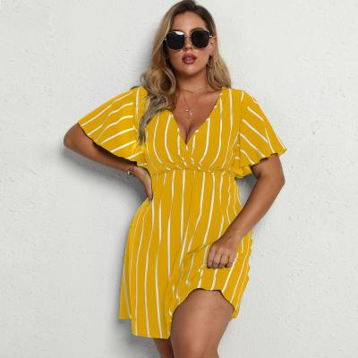 China Wholesale Supplier High Quality Girls Dry Cleaning Sexy V-Neckline Elegant Casual Short Sleeve Office Shirt Stripe Plus Size Women's Dresses for sale