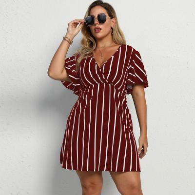 China Wholesale High Quality Girl's Casual Elegant Dry Cleaning Plus Size Women's Oversized V-Neck Sleeve Office Short Red Stripe Shirt Dresses for sale