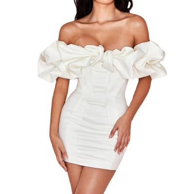 China Latest dry cleaning designs satin ruched elegant offshoulder party sleeveless nightclub wrapped mini sexy women evening prom dresses for sale