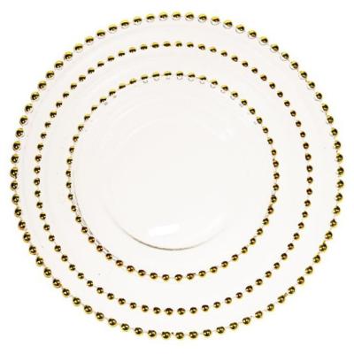 China Sustainable High Quality Full Size Hotel Restaurant Dinner Under Plate Round Gold Beaded Glass Chargers Plate For Wedding for sale