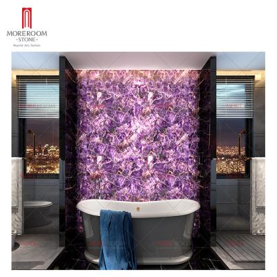 China Contemporary Backlit Project Material Purple Fluorite Gemstone Slab For Decoration for sale