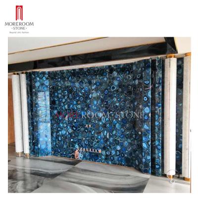 China Living Room TV Background Semi Precious Stone Wall Tiles Blue Agate Wall Marble Decoration Panel for sale