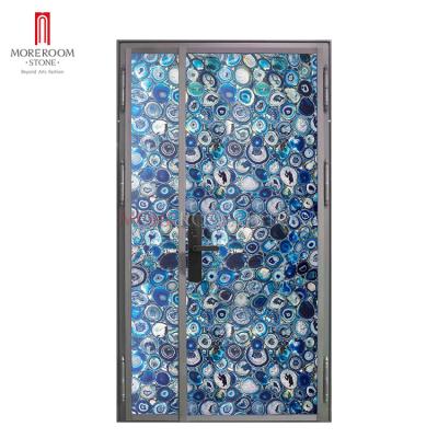 China Luxury modern natural blue marble semi precious stone villa backlit onyx stone entrance door for sale