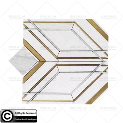 China Decorative commercial white marble inlay mosaic tile brass waterjet pattern for sale