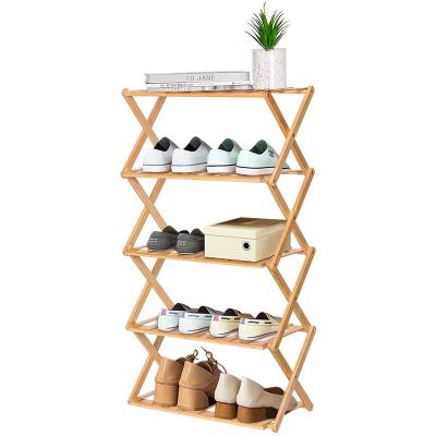 China (Other) Adjustable Portable No Assembly Folding Designs Bamboo Wooden Organizer Shoe Storage Rack For Entryway for sale