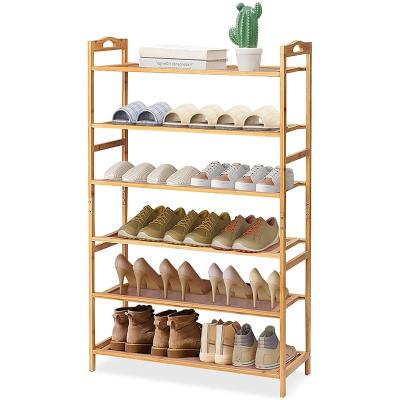 China Stocked Storage Shelf Bamboo Rack Bench 3 Tier Entryway Seat Shoe Organizer Bamboo Color for sale