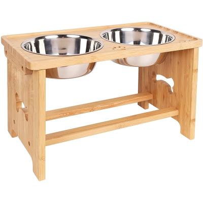 China Automatic Adjustable Bamboo Raised Pet Feeder With 2 Stainless Steel Bowls For Cats And Dogs for sale