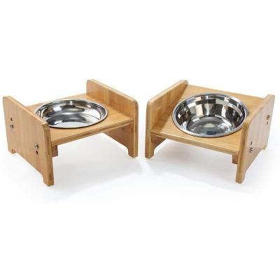 China Wooden Bamboo Cat Pets Feeder Stand With Two Sustainable High Ceramic Bowl for sale