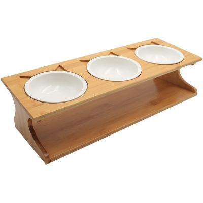 China Sustainable Dog and Cat Pet Feeder Bamboo Raised Stand with Two Stainless Steel Bowls for sale