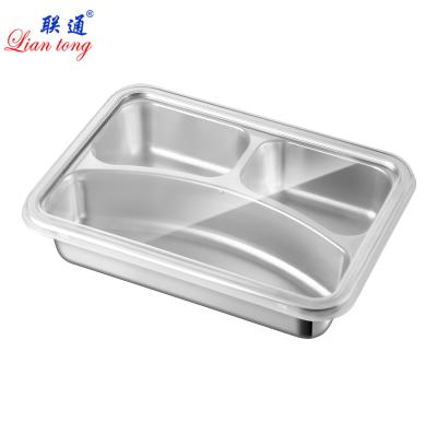 China Stainless Steel Small Size 3 Compartments Heatable Food Tray With Cover Plastic School Lunch Box for sale