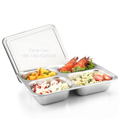 China Factory Hospital School Material 201 304 Stainless Steel Fast Food Tray Dinner Dish Sustainable 4 Compartment Lunch Box With Cover for sale