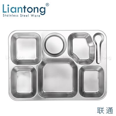 China Large 7 Compartment Divided Fast Food Tray 201 Lunch Stainless Steel Liantong Factory School Canteen Lunch Snack Dish for sale