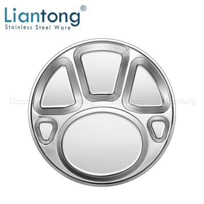 China Viable Cheap School Canteen Round Shape Metal Stainless Steel Snack Dish 6 Compartment Divided Serving Tray 201 for sale