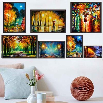 China Oil Painting Rain Light Street Landscape Lovers Art Living Room Corridor Office Home Decor Canvas Painting Eco-friendly Material Set for sale