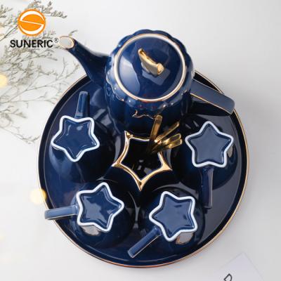 China Sustainable Luxury Nordic Blue Ceramic Serving Tea Tray Tea Cups with Teapot Set for sale