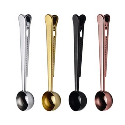 China Sustainable Long Handle Coffee Measuring Scoops Customized Food Grade Stainless Steel Metal Coffee Scoop With Bag Clip for sale