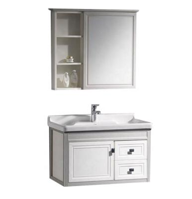 China Traditional Classic Design Wall Mounted PVC Bathroom Cabinet Vanity Furniture Combined With Sink Drawers And Mirror Set for sale