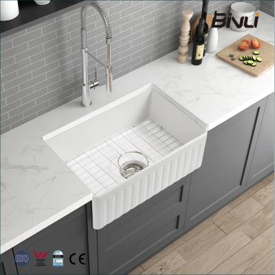 China Without Faucet Rectangular Single Bowl White Single Fine Fireclay Farmhous Apron Deep Reversible Kitchen Sink For Sale for sale