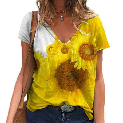 China Wholesale Cheap Loose Casual Sexy Floral T-shirt Summer Women's Short Sleeves V-Neckline QUICK DRY for sale