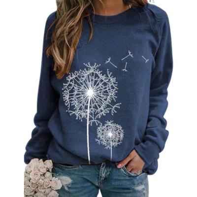 China European and American women's dandelion print graphic round neck breathable long-sleeved loose casual T-shirt for sale