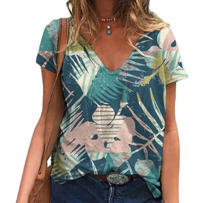 China Breathable Plain Top Clothes Loose Short Sleeve Botanical Print Women Beach V-Neck T-Shirt for sale