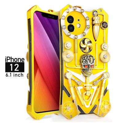 China Luxury Anti-fall Armor Metal Aluminum Pure Copper Cover For iPhone 13 12 ProMax Mini Case Mechanical Gear Purely Handmade Skull Shell for sale