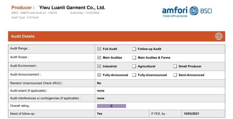 BSCI - Yiwu Luanli Garment Co., Ltd.