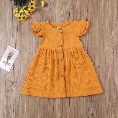 China Toddler Baby Summer Anti-Static Dress Ruffles Canvas Girls Sleeves Cotton Party Button Pocket Dress Sunbathing Casual Sundress Clothes Kids for sale