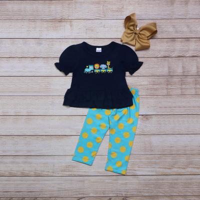 China Casual babies theme clothing boutique drop puff sleeve animal polka dot pants set matching sister outfit for sale