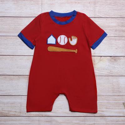 China Overseas wholesale short boutique romper Rts warehouse baby boy romper infant sleeve baseball applique stripes cotton summer newborn romper for sale