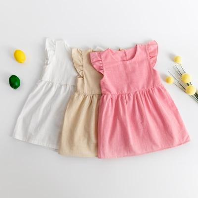 China Viable Casual Cotton and Canvas Kids Baby Girls Dress Summer Clothes Ruffle Sleeves Plain Sundress Solid Girls Backless Dresses 1-6Y for sale