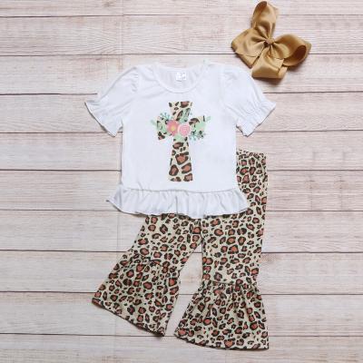 China CONICE white casual high quality kids blouses and leopard design flare pants babies short sleeve outfit set for sale