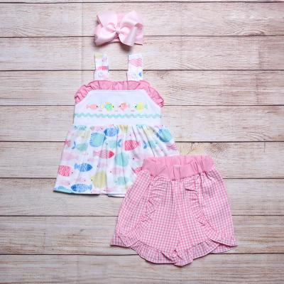 China CONICE Fish Print Babies Ruffles Shorts Set Bow Back Cotton Casual Warm Sleeveless Kids Outfits Cute Shorts Set for sale