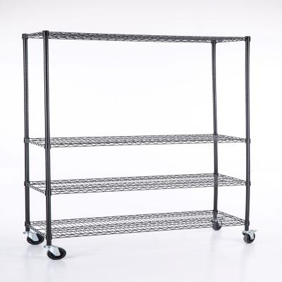 China 4 Tier Black Metal Workable Rack Storage Shelving Wire Household Or Supermarket Storage Durable Rack With Easy Moving Wheel WSJ-A9060H for sale