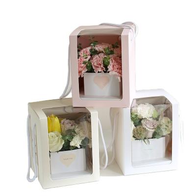 China Biodegradable Plant Preserved Roses Flower Box Side Window Simple Square Transparent PVC Flower Packing Portable Folding Gift Box for sale