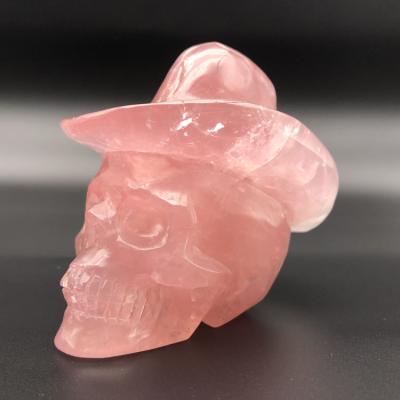 China Europe Rose Quartz Cowboy Skulls Gemstone Cut Natural Crystal Skulls for sale