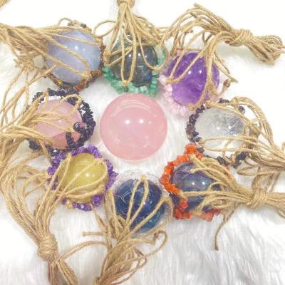 China Handmade String Bag from Europe with Tumble Stone Sphere Amethyst Hold Healing Crystals for sale