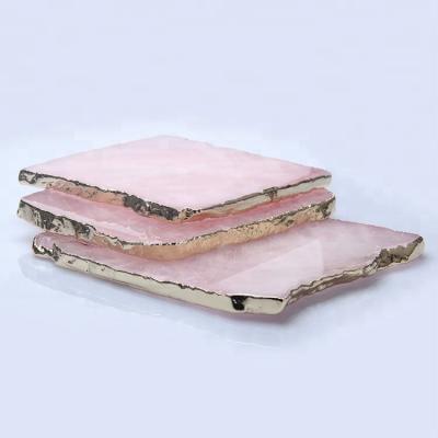 China Natural Europe Rose Quartz Slice Stone Flat Cup Coaster with Plating Gold Edge for sale