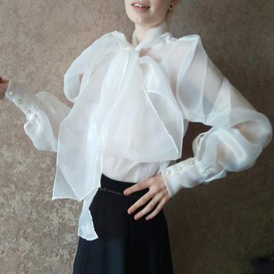 China Anti-pilling Blouse Front Top European White Anti-Pilling Organza Style Fashion RTS Bow Tie Blouse Tops Long Full Sleeves for sale