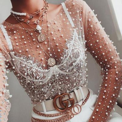 China High Quality White Mesh Long Sleeve Anti-pilling Beaded Blouse Ready To Ship USA To Shape Sheer Mesh Blouse Top for sale