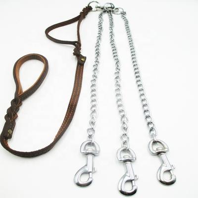 China Multi Sustainable Lead Dog Leash Metal Chain With Leather Handle For 2-3 Dogs for sale