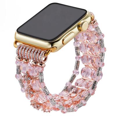 China Plastic Huamj Rose Charm Band Elastic Bracelet Watch Band Strap Watch Band Beads Gold Pearl Luxury for Girls Bracelet Pink for Apple for sale