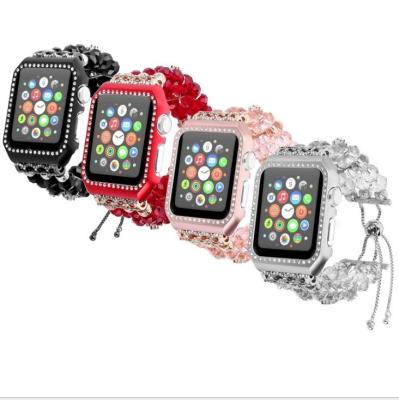 China Fashionable Watch Strap HuaMJ Women's Girl Agate Beads Strap Bracelet Band With Cover For Apple Watch for sale