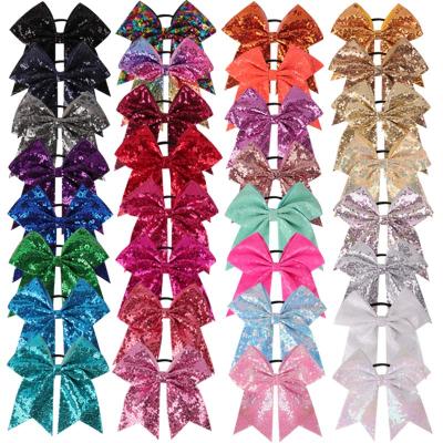 China 7 Inch Sporty Straight Sparkly Hair Bow With Ponytail Holder Girls Baseball Cheerleader Dance School Spirit Sequin Cheer Elastic Bows for sale