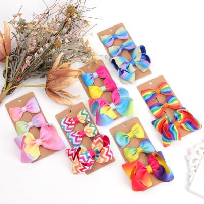 China 3pcs/set European and American Rainbow Color Cute Christmas Style Hair Pins Grosgrain Ribbon Hair Clips for Kids Children Girls Hair Bow Sets for sale