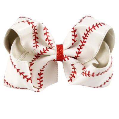 China European and American Style Hotsale7 Inch Texas Size Rugby Large Leather Baseball Hairbows With Clips Sports Style Hair Accessories for sale