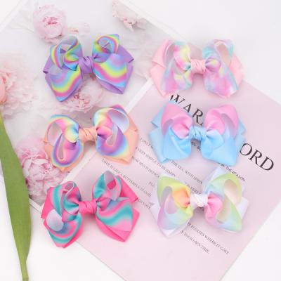 China European and American style 4 inch ribbon hair bows for kids rainbow gradient color bows hair clips tie dye hair accessories hair clip for kids girls for sale